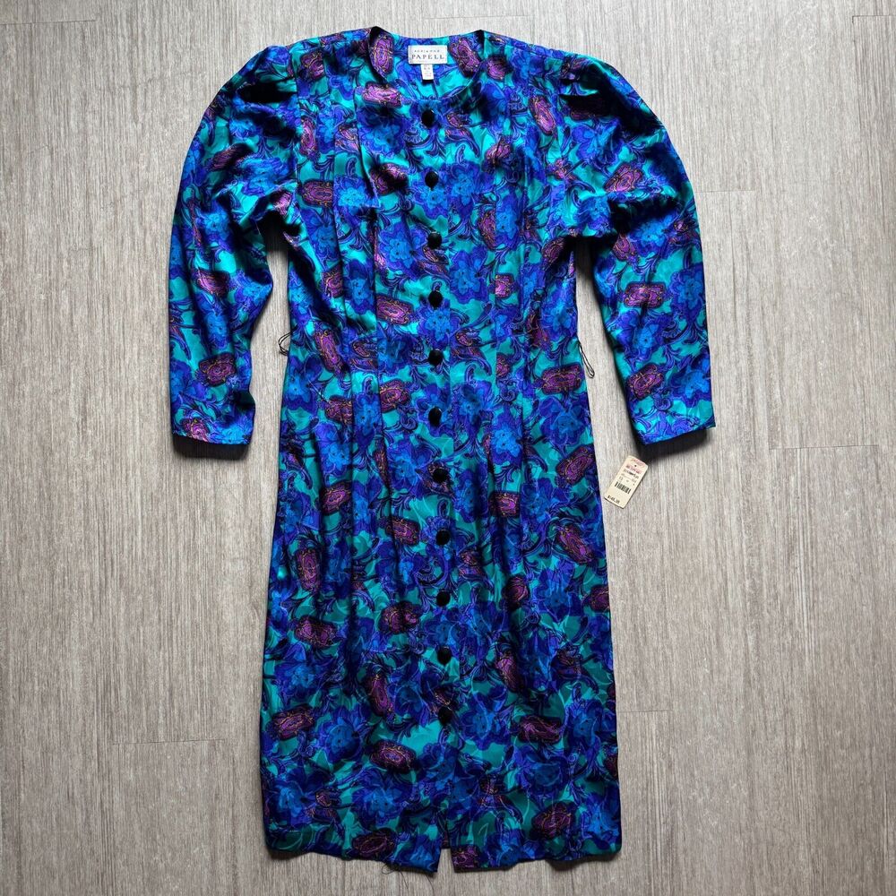 Vintage Adrianna Papell Silk Dress Floral Blue 10 NWT Button Front Midi Long Slv